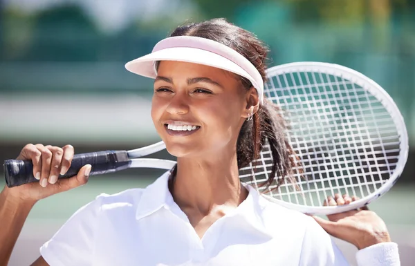 Sport Tennis Und Schwarze Frau Freien Glück Und Erfolg Mit — Stockfoto