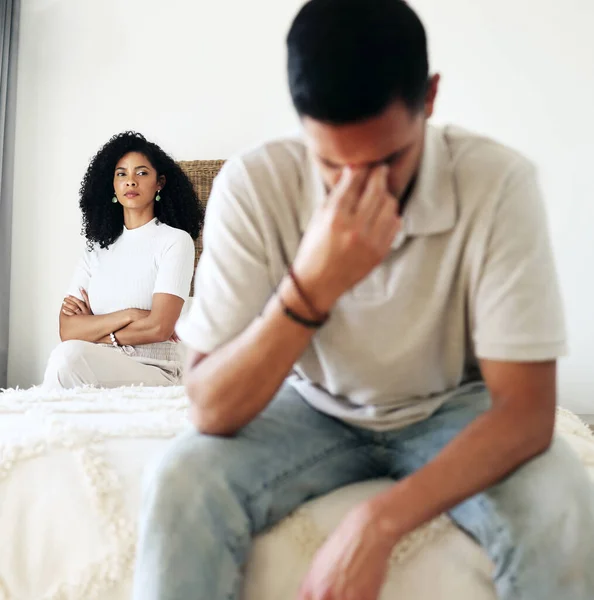 Divorce Sad Couple Breakup Fighting Bedroom Unhappy Relationship Due Cheating — Stock Photo, Image
