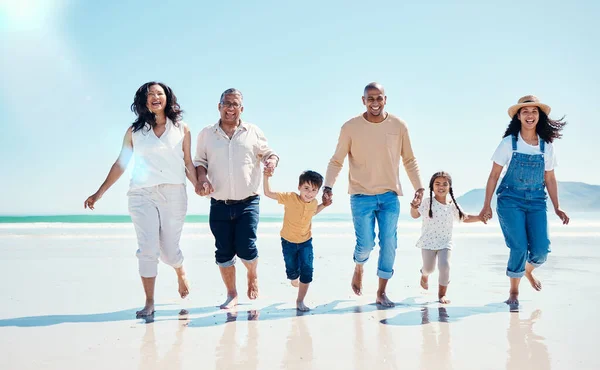 Portrait Family Holding Hands Walking Beach Quality Time Bonding Together — Stock Photo, Image