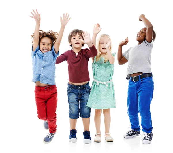 Fun Has Arrived Studio Shot Group Young Friends Jumping Joy — Stock Photo, Image