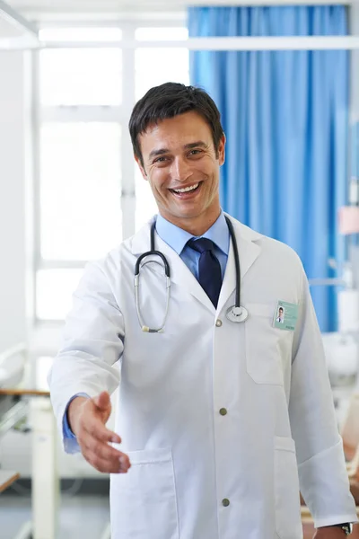 Take Healing Hand Portrait Handsome Young Doctor Extending His Hand — Stock Photo, Image