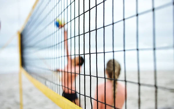 Voleibol Red Deportes Mujeres Playa Jugando Juego Entrenamiento Entrenamiento Verano — Foto de Stock