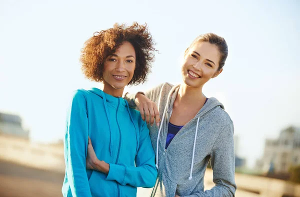 Just Beat Our Best Running Record Portrait Two Female Joggers — Stock Photo, Image
