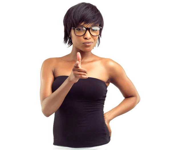 You Know What Talking Confident African Woman Spectacles Pointing Camera — Stock Photo, Image