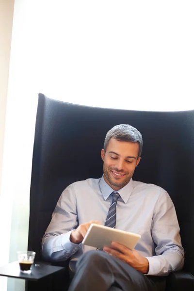 Checking His Email Smiling Young Businessman Using Digital Tablet While — Stock Photo, Image