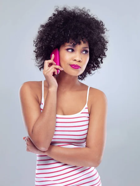 Sounds Fishy Studio Shot Young Woman Talking Pink Cellphone — Stock Photo, Image