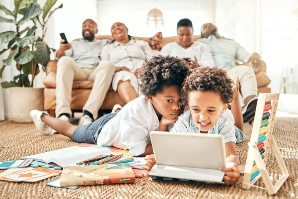 Children tablet app, black family and home living room of kids on a digital education game. Happy mom, father and parents love in a house sofa with happiness and bonding together learning on web.