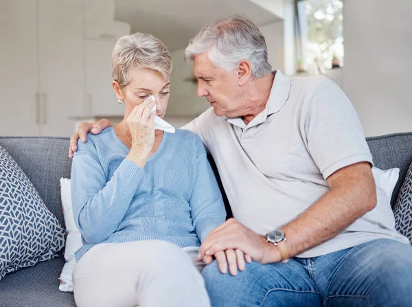 stock image Sad, crying and support of senior couple empathy, trust and helping for mental health problem, divorce or cancer with holding hands. Love of old couple hand holding for bad news, depression or death.