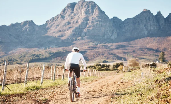 Back of man, mountains and cycling in nature, countryside and training for triathlon, sports and race in Cape Town. Cyclist, mountain bike and outdoor bicycle for marathon fitness, exercise or cardio.