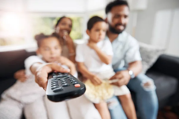 Closeup Remote Control Family Watching Living Room Together Parents Kids — Foto Stock