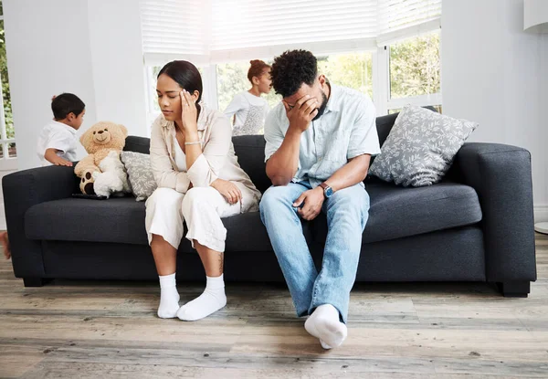 Sad Unhappy Stressed Parents Sitting Couch Children Home Argument Frustrated — kuvapankkivalokuva