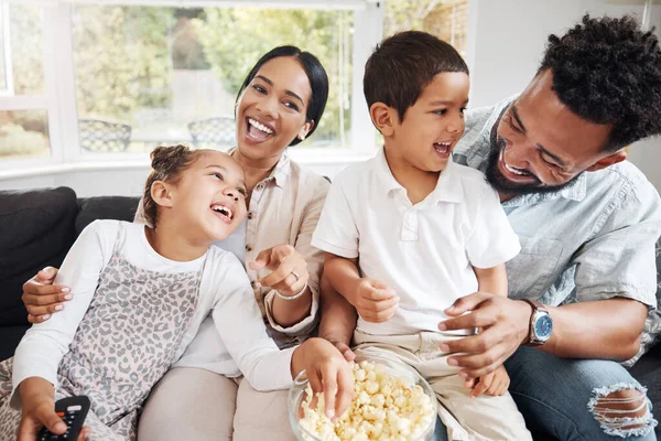 Family Watching Movie Having Fun Eating Popcorn Together Home Love — Foto Stock