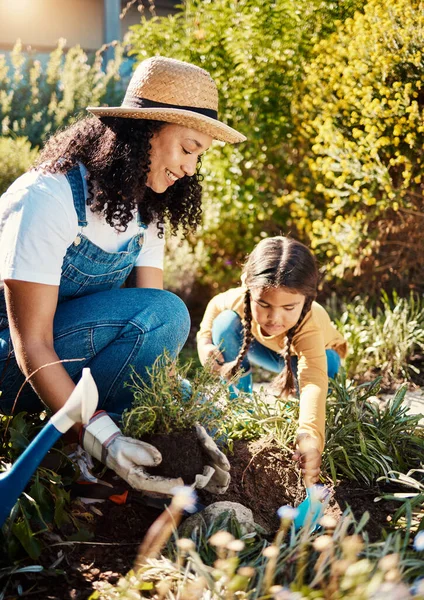 Black family, children or gardening with a mother and daughter planting plants in the backyard together. Nature, kids or landscaping with a woman and female child working in the garden during spring.