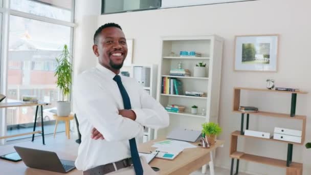Corporativo Executivo Retrato Homem Negro Com Braços Cruzados Para Negócios — Vídeo de Stock