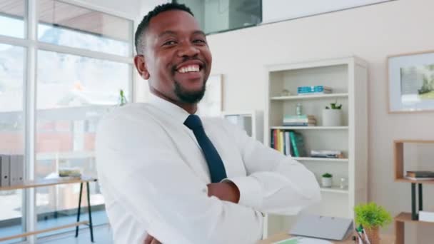 Empresarial Feliz Retrato Homem Negro Com Braços Cruzados Para Negócios — Vídeo de Stock
