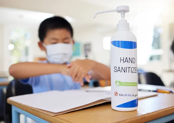 Boy Rubbing Hand Sanitizer Hygiene Safety Protection Covid School Closeup – stockfoto