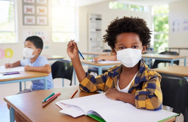 Child Student Class Covid Wearing Mask Hygiene Protection Coronavirus Flu — Stock Photo, Image