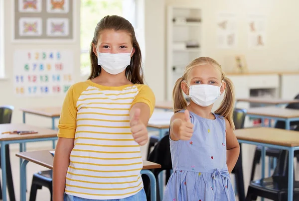 School Kids Thumbs Healthy Students Wearing Masks Classroom Protecting Covid — Photo