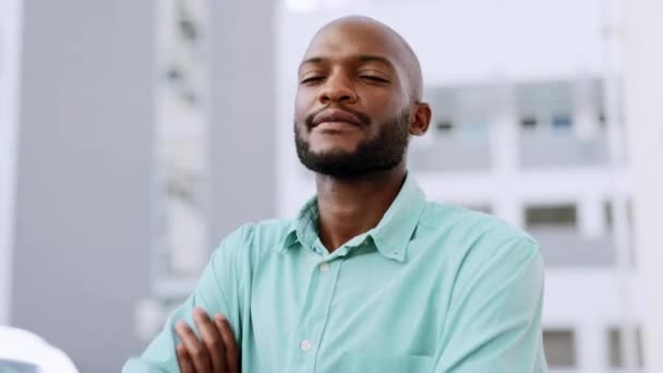 Ciudad Sonrisa Rostro Hombre Negro Negocios Con Brazos Cruzados Para — Vídeo de stock