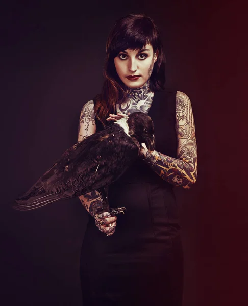 神秘莫测的诱惑者一个拿着鸟的纹身年轻女子的演播室照片 — 图库照片