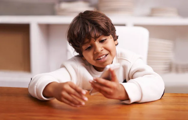 Having Fun His Phone Little Boy Playing Smartphone Home — Stock Photo, Image