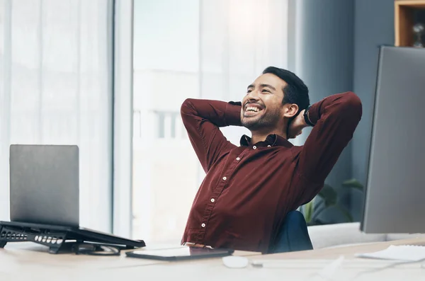 Smile Relax Business Man Office Completing Project Task Workplace Laughing — Stock Photo, Image