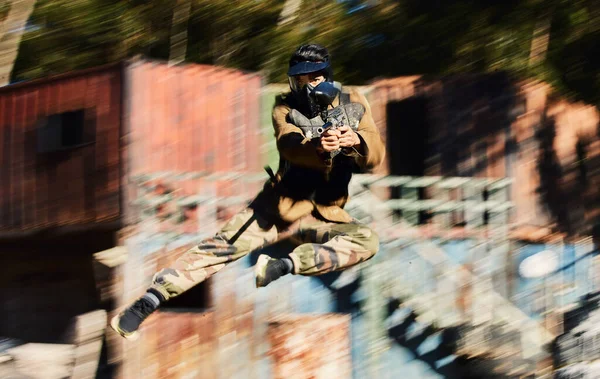 Blurred Military Man Shooting Paintball Army Training Fitness Test War — Stock Photo, Image
