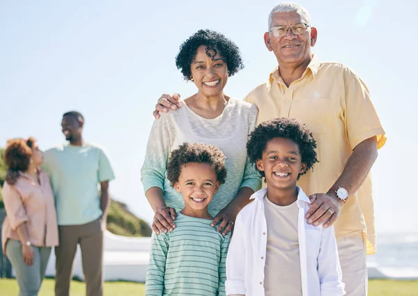 Smile, beach and portrait of children with grandparents enjoy holiday, summer vacation and weekend. Black family, happy and grandpa, grandmother and kids excited for quality time, relax and bonding.