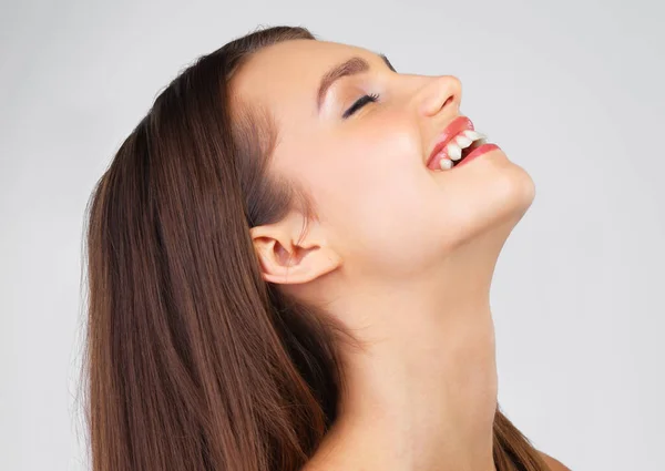Cuidado Piel Risa Modelo Perfil Sintiéndose Feliz Por Belleza Dermatología — Foto de Stock