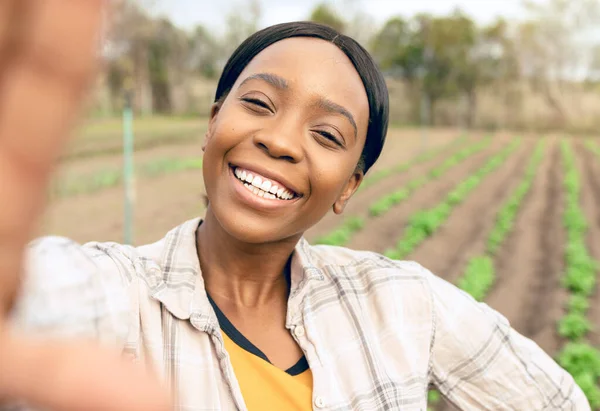 农场和自私自利的快乐黑人女性微笑着在户外拍照 女性农民的农艺 可持续性和自我形象 供社交媒体或网络贴文查核后使用 — 图库照片