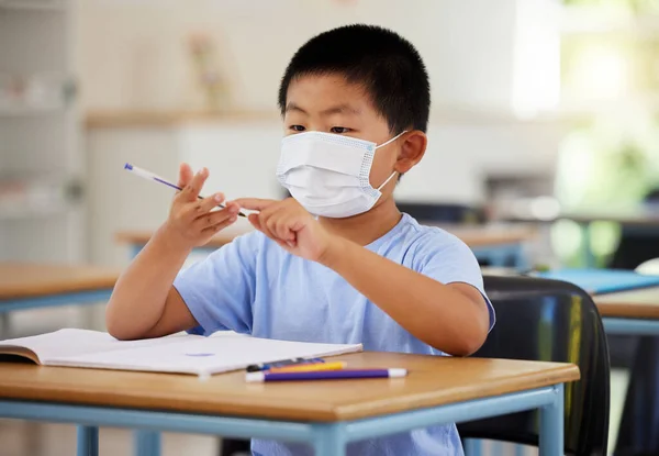Education Covid Learning Face Mask Boy Doing School Work Classroom — 스톡 사진