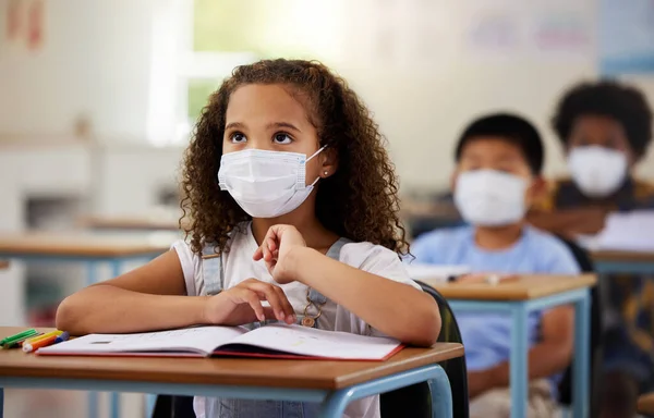 School Student Covid Learning Class Wearing Mask Protect Virus Looking — 스톡 사진