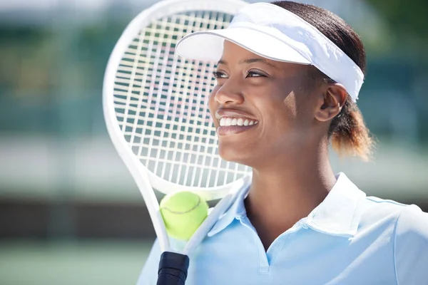 Tennis, face or smile of black woman on court ready for match, game or sports competition in summer. Fitness, girl or happy, proud confident female athlete in Nigeria preparing for training workout.