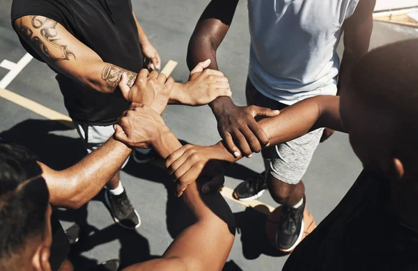 stock image Wrist hands, sports teamwork and support, collaboration and cooperation for basketball court game. Above athlete group solidarity, partnership and motivation of goals, trust and friends commitment.