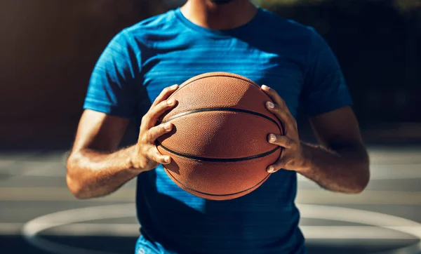 Basketball Player Man Hands Ball Basketball Court Outdoor Training Sports — Stock Photo, Image