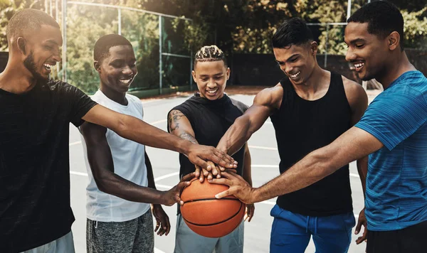 Träning Vänner Och Gemenskapsstöd Basketspelare Hand Ansluten Till Stöd För — Stockfoto