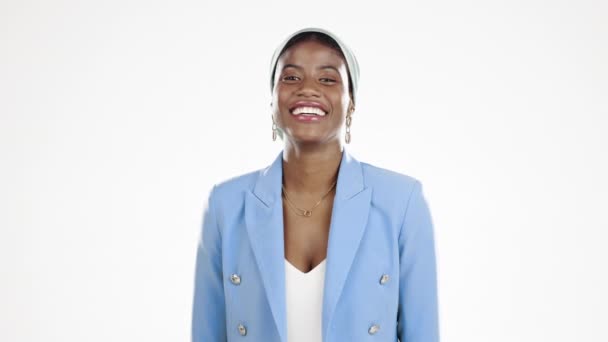 Посмішка Щастя Обличчя Чорношкірої Жінки Білому Тлі Впевненості Успіху Посилення — стокове відео