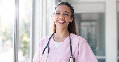 Laughing woman, face and pediatrician nurse with hospital ideas, life insurance vision or trust help. Happy, smile or portrait of medical healthcare worker with childcare wellness goals or motivation.