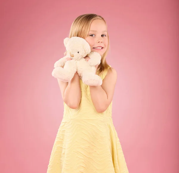 Αρκουδάκι Κορίτσι Και Πορτρέτο Ένα Μαλακό Παιχνίδι Την Ευτυχία Και — Φωτογραφία Αρχείου