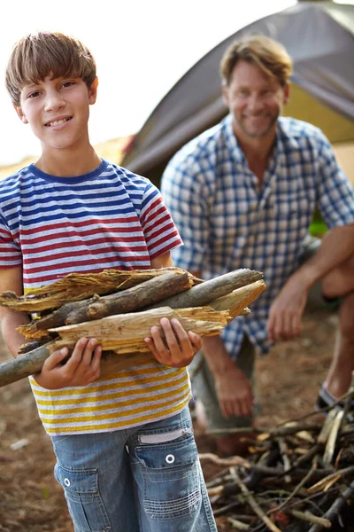 Helping Dad Start Fire Young Boy Carrying Firewood Camping Trip — Stock Photo, Image