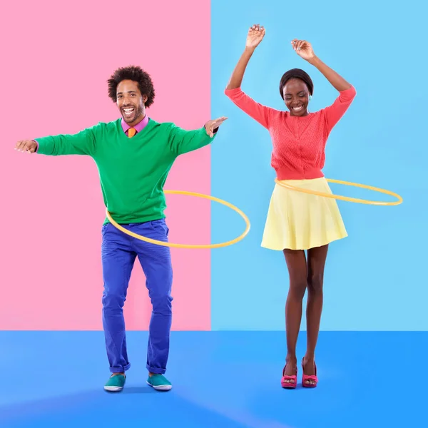 Going Super Spin Studio Shot Young Couple Standing Colourful Background — Stock Photo, Image