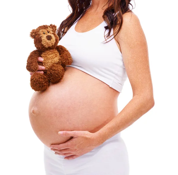 Připraven Nový Příchod Těhotná Matka Drží Medvídka Bílém Pozadí — Stock fotografie