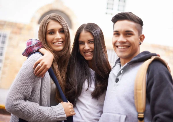 Guys Best Portrait Three University Students Standing Together Campus — Stock Photo, Image