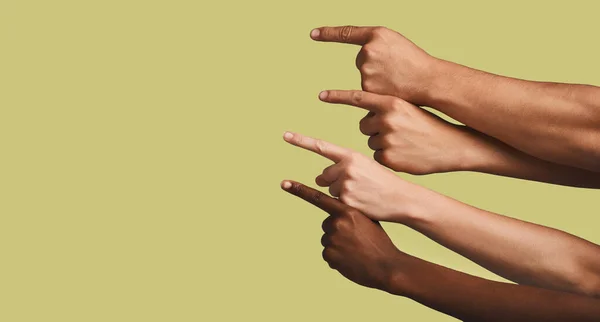 Mockup Hands Group People Studio Answer Gesture Sign Yellow Background — Stock Photo, Image