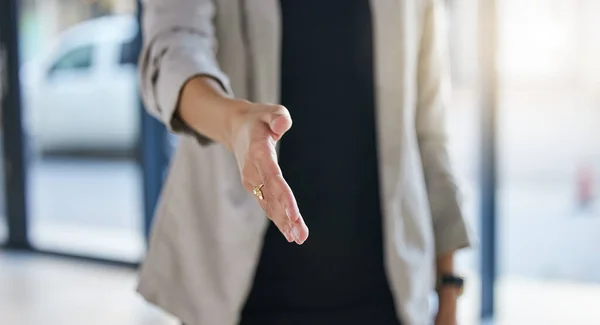 stock image B2b, woman hand and thank you handshake of a corporate worker in a office. Business deal, partnership and we are hiring gesture with a female hr manager ready for onboarding welcome with trust.