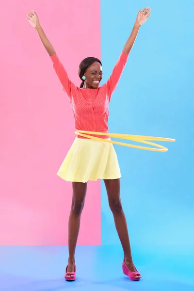 Just Little Attractive Young Woman Playing Hula Hoop Colorful Background — Stock Photo, Image