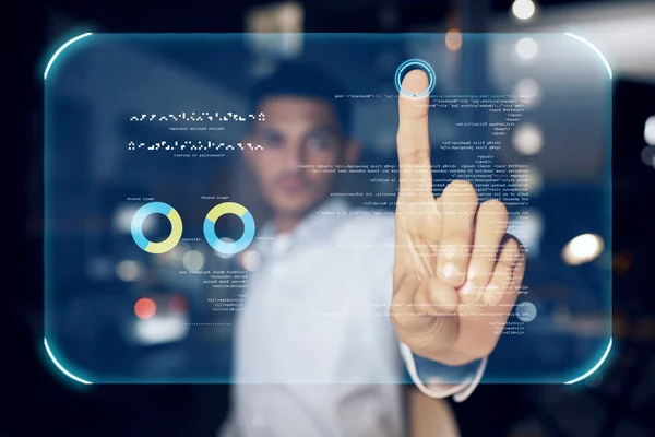 未来的 ホログラフィックまたはタッチスクリーン上の指紋を持つ男 アイデンティティデータのためのデジタル技術の男 Vrオフィスの生体認証サイバーセキュリティビジネス 3DイノベーションまたはUxデザインユーザーの手 — ストック写真