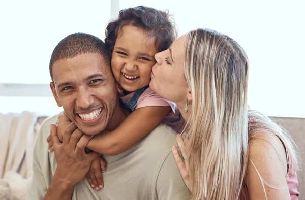 Happy Family Smile Hug Cheek Kiss Joyful Happiness Quality Bonding — Stock Photo, Image