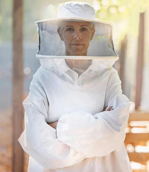 Portrét Včelař Žena Zkříženýma Rukama Farmě Připravují Práce Vedení Včelařství — Stock fotografie