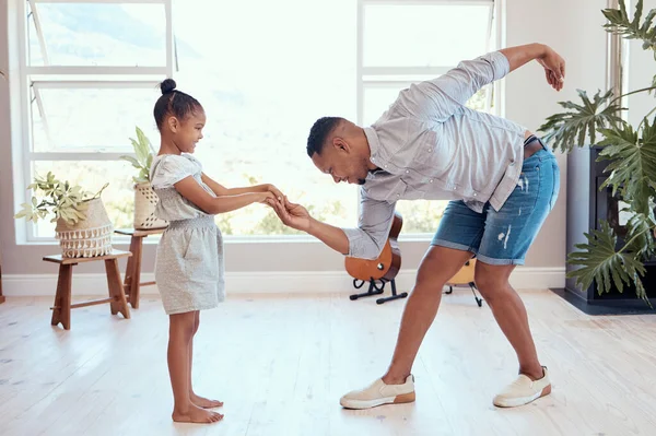 Happy family, dance and dad and child holding hands, bond and enjoy fun quality time together for Fathers Day. Love, happiness and black man bow to girl while dancing, playing and teaching youth kid.